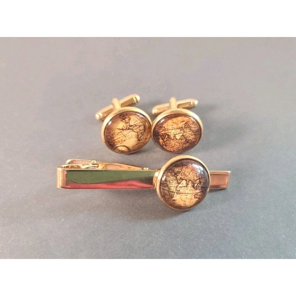 3 Piece Vintage World Map Cufflinks and Tie Clip Set